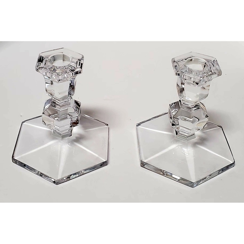 Val St. Lambert Candlestick Pair Belgium Crystal Gardenia Hexagon 5" Signed Set